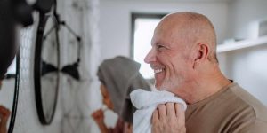 A senior couple in bathroom,